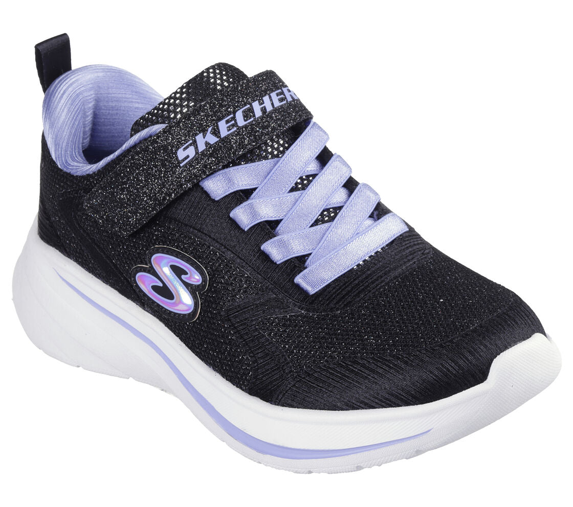 A girls machine washable trainer by Skechers, style Wave 92, in black and glitter synthetic with bungee lace and velcro fastening. Right side top view.
