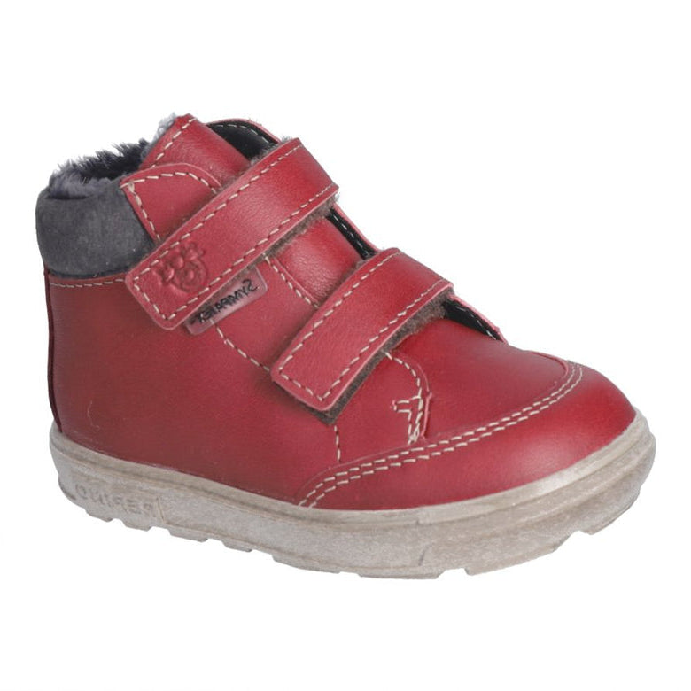 Ricosta Basti is a Red waterproof ankle boot with double velcro fastening and padded ankle. Left side view.