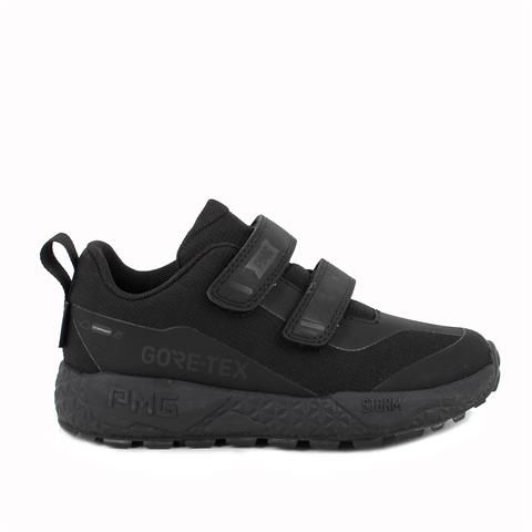 A boy waterproof casual school shoe by Primigi, style Stefano 8916744, in black with double velcro fastening. Right side view.