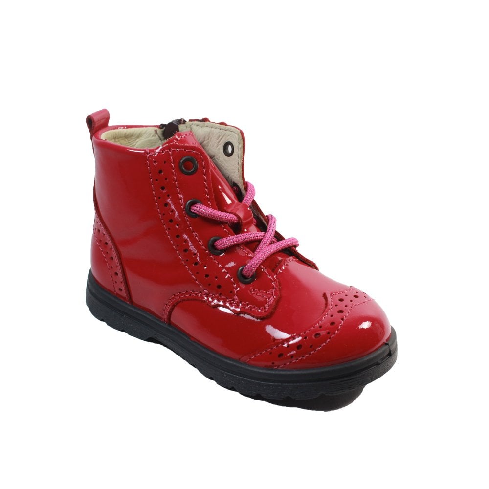 A girls ankle boot by Ricosta, style Jemmy in cherry pink patent. Lace/inside zip fastening. Right angled view.
