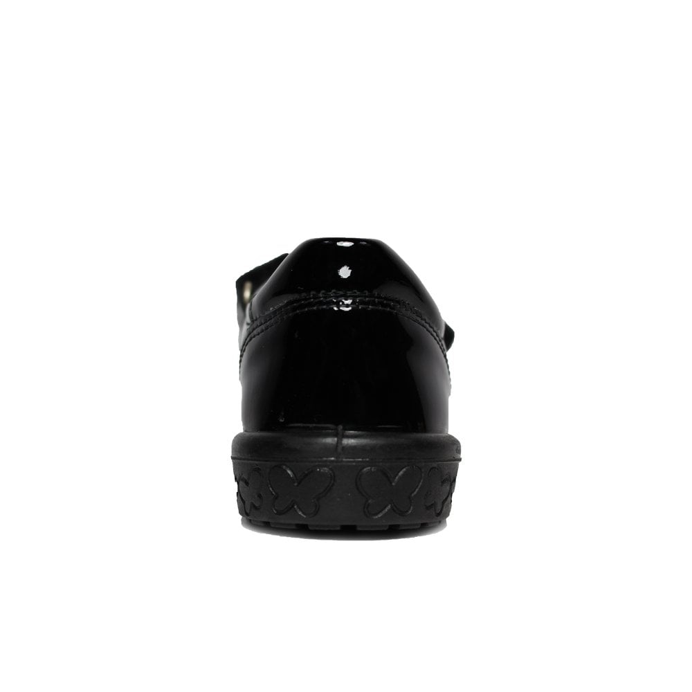 A girls Mary-Jane school shoe by Ricosta, style Lillia, in black patent with velcro fastening. Back view.