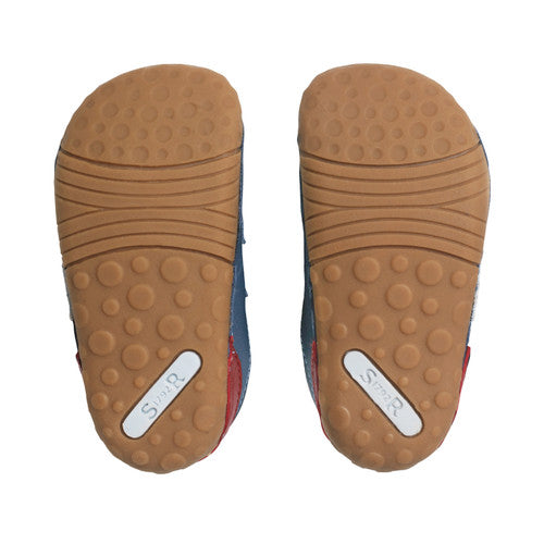 A boys pre-walker by Start-Rite, style Zap in Blue, double velcro fastening. Sole view of a pair.