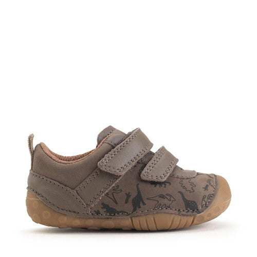 A boys pre walker by Start-Rite, style Roar, in taupe nubuck with dinosaur print and velcro fastening. Out side view.