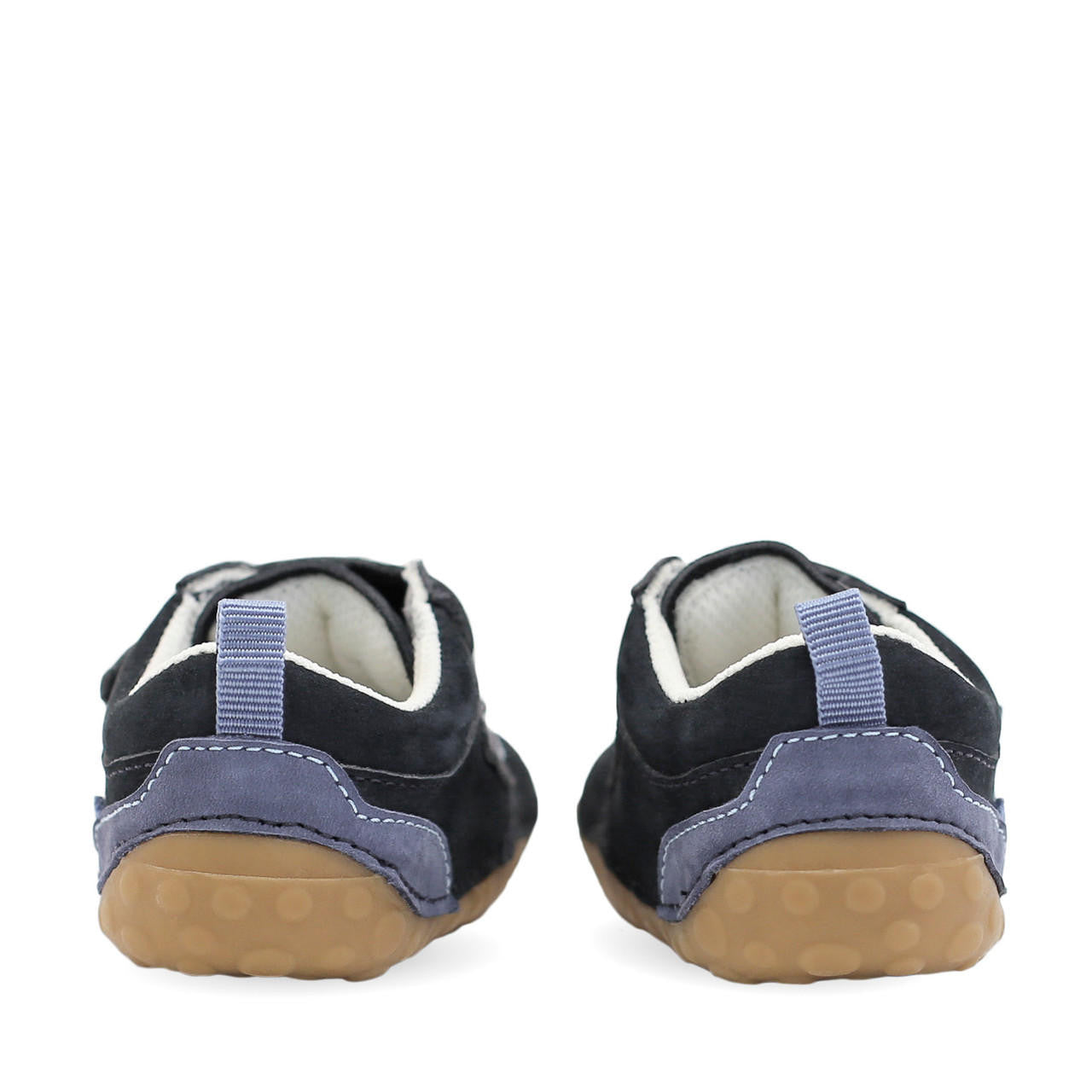 A pair of boys pre walkers by Start-Rite, style Shuffle, in navy and blue nubuck leather with velcro fastening. View from back.