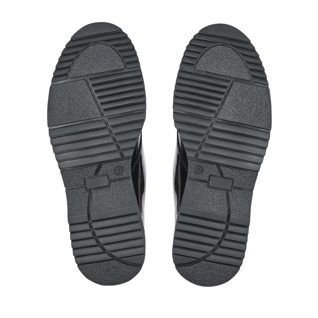 A girls chunky school shoe by Start-Rite Angry Angels, style Impact, in black patent leather with lace up fastening. View of soles.