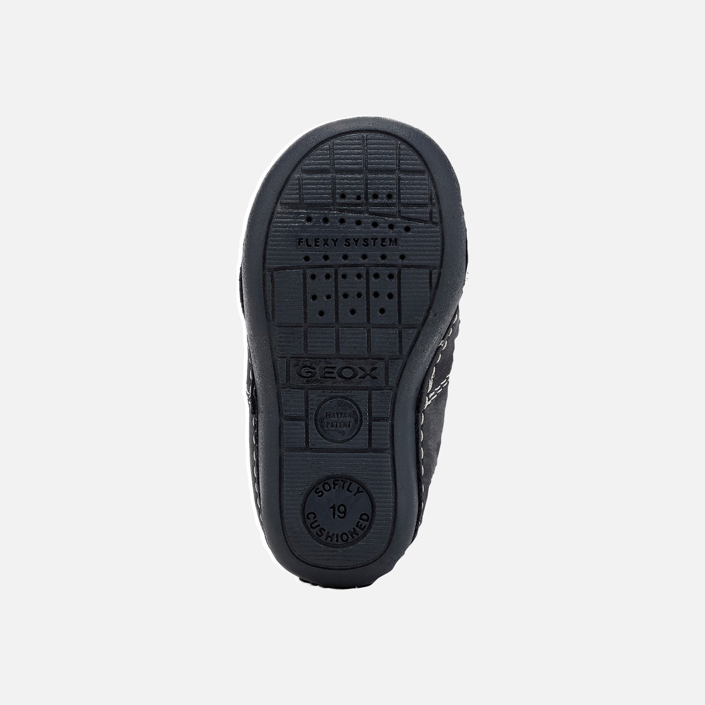 A boys pre walker by Geox, style Tutim, in navy with double velcro fastening. Sole view.
