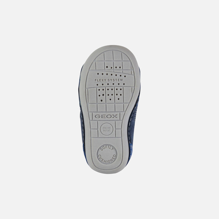 A boys pre walker by Geox, style Tutim, in blue, white and red with velcro fastening. Sole view.
