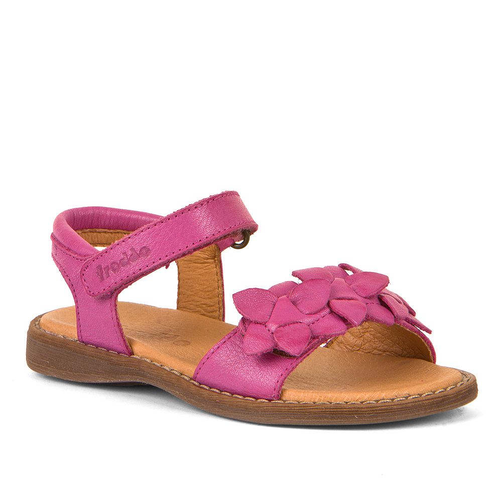 A girls open toe sandal by Froddo,style Lore Flowers in fuchsia leather with velcro fastening. Angled view.