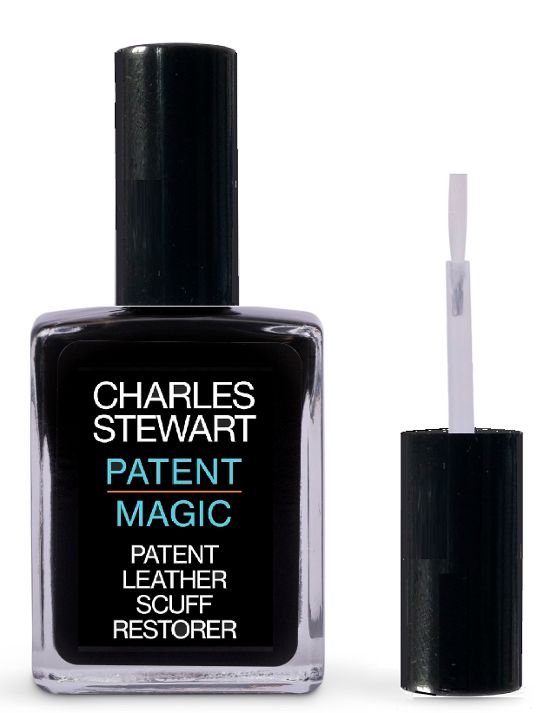 A bottle of patent scuff restorer by Charles Stewart. Front view.