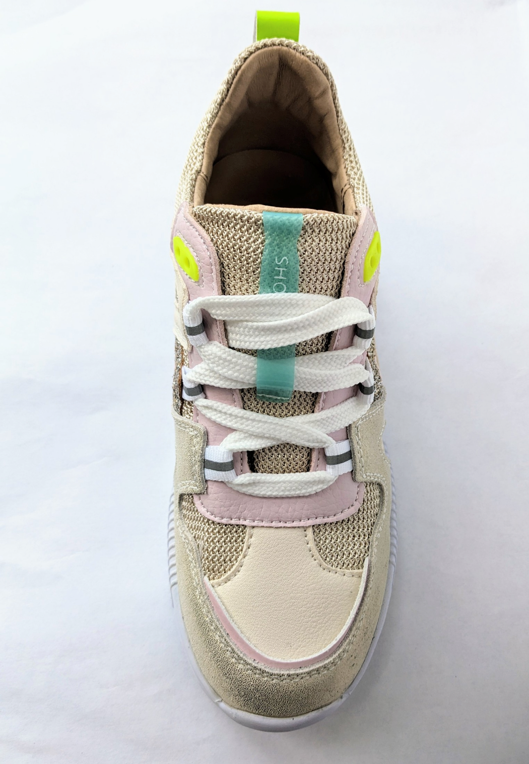 A girls trainer by Shoesme, style ST23S020-B, in beige/gold fabric and leather with lace fastening. Top view.