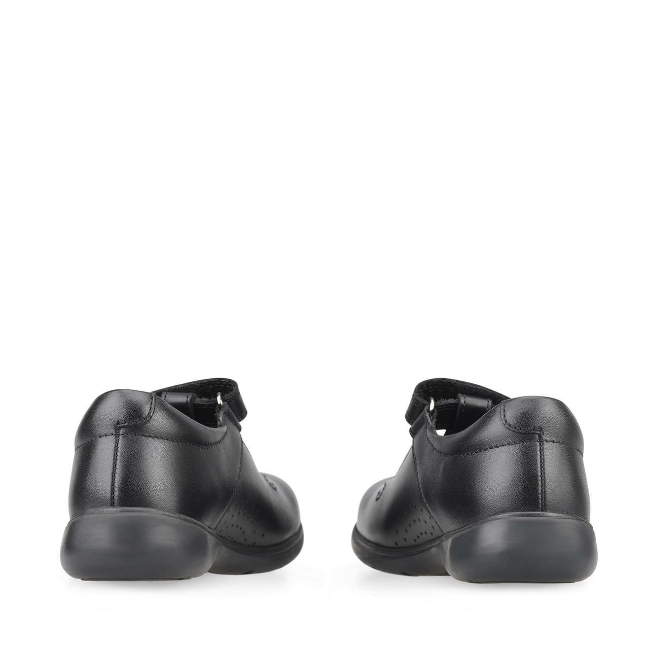 A girls school shoe by Start Rite, style Star Jump, in black leather with star motif and velcro fastening. Back view of pair.