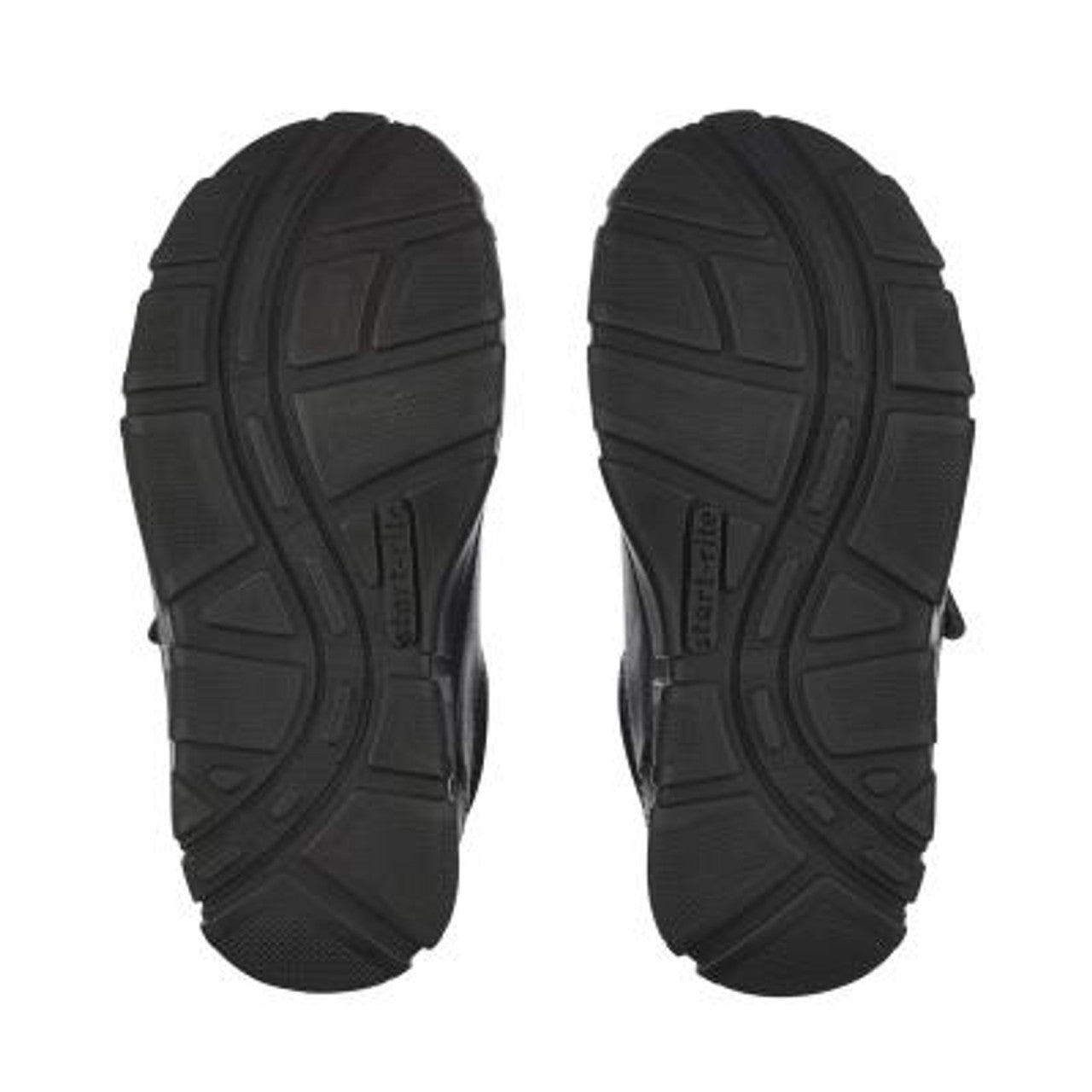 A pair of boys school shoes by Start Rite,style Luke, in black leather with double velcro fastening. Sole view.