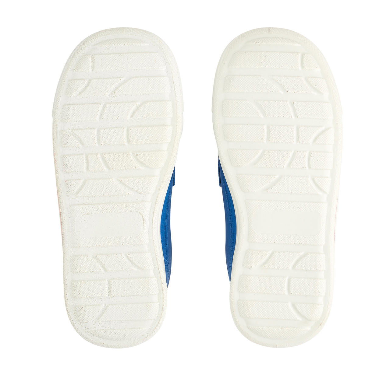 A pair of boys casual shoes by Start Rite, style Seesaw, in blue and red leather with double velcro fastening. Sole view.