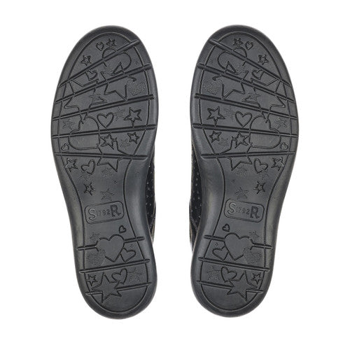 A pair of girls school shoes by Start Rite, style Star Jump, in black patent with velcro fastening. Sole view