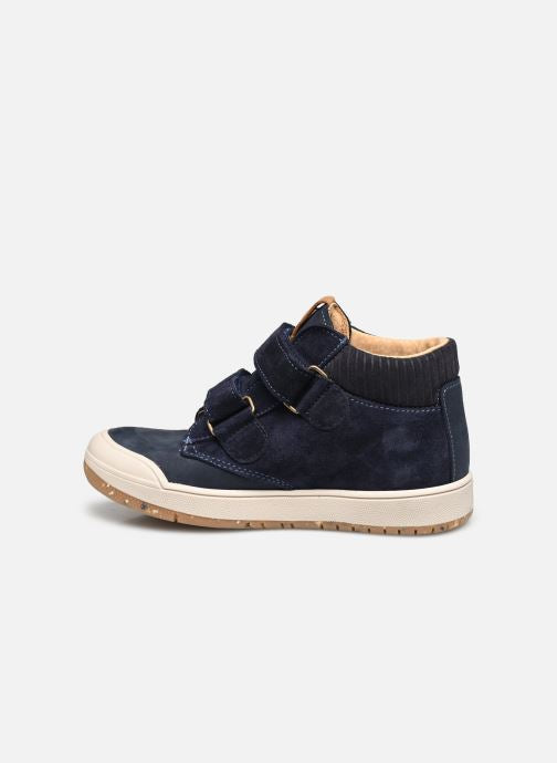 A casual boys ankle boot by Bopy, style Vrouvel, in navy nubuck with toe bumper and double Velcro fastening.Left side view.