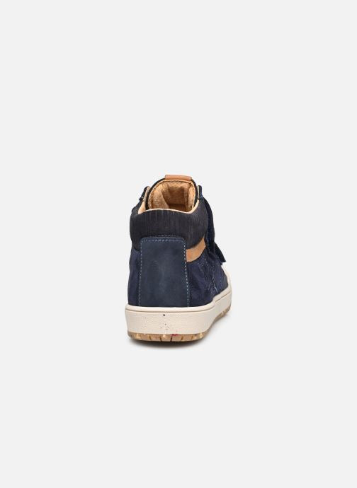 A casual boys ankle boot by Bopy, style Vrouvel, in navy nubuck with toe bumper and double Velcro fastening.Back view.