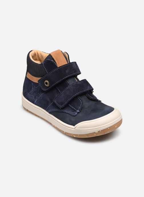 A casual boys ankle boot by Bopy, style Vrouvel, in navy nubuck with toe bumper and double Velcro fastening. Angled view.