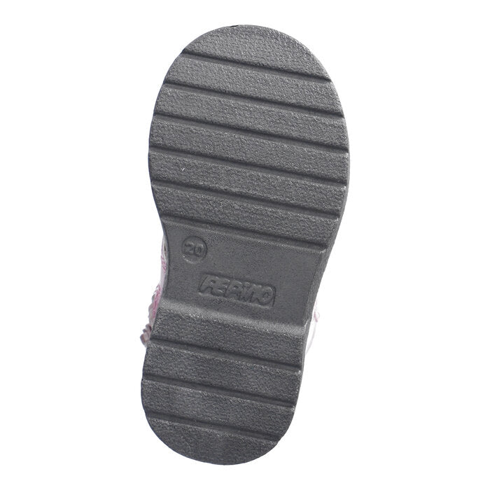 A girls lace up boot by Ricosta, style Jemmy, in pink patent with brogue detailing and zip / lace fastening. Sole view.