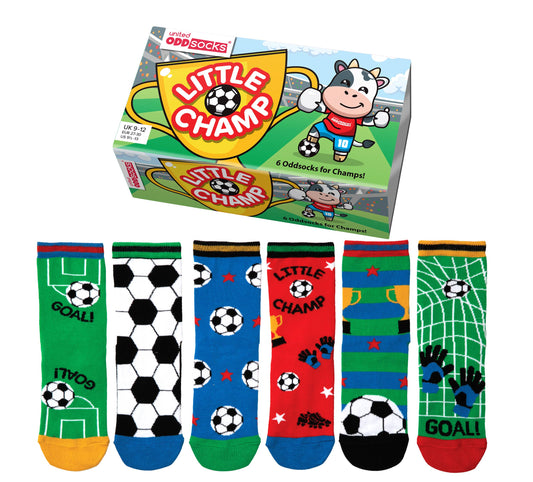 3 pairs of non matching multicoloured football socks by United Odd socks. Style Little Champ, front view of Little Champ box and socks.