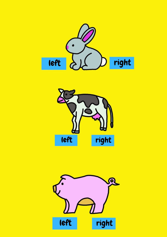 A pack of three education shoe stickers by Animal Pairs in Farm Designs that are labelled left and right. Rabbit, cow and pig designs. Front view.