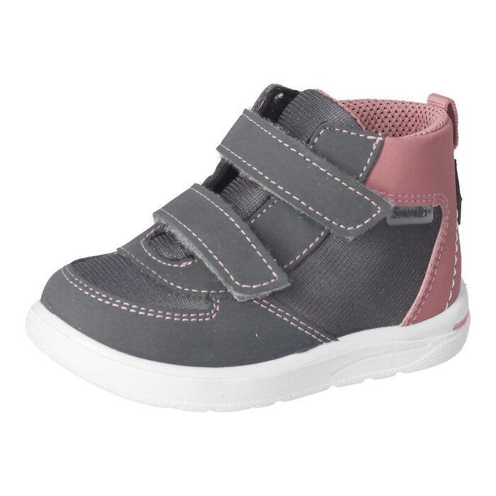 A girls waterproof boot by Ricosta, style Rory, in grey and pink with double velcro fastening. Right side view.