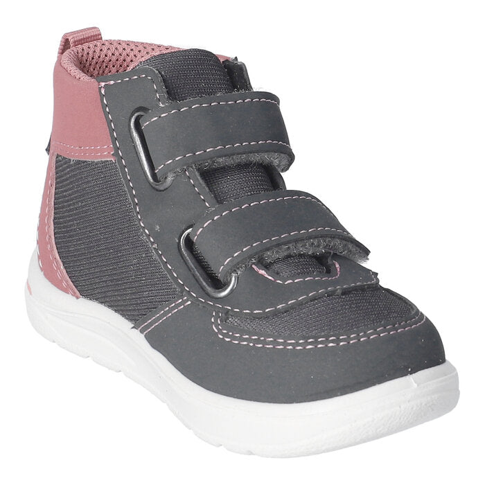 A girls waterproof boot by Ricosta, style Rory, in grey and pink with double velcro fastening. Angled view.