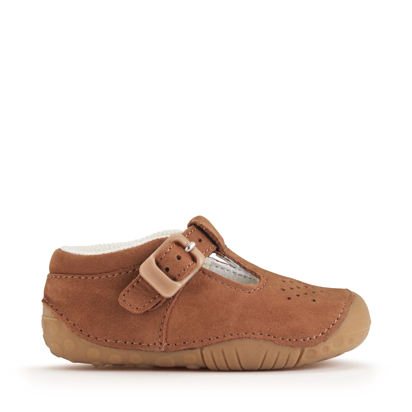 A boys/unisex T-bar pre walker by Start Rite, style Baby Jack ,in  tan with buckle fastening. Right side view.