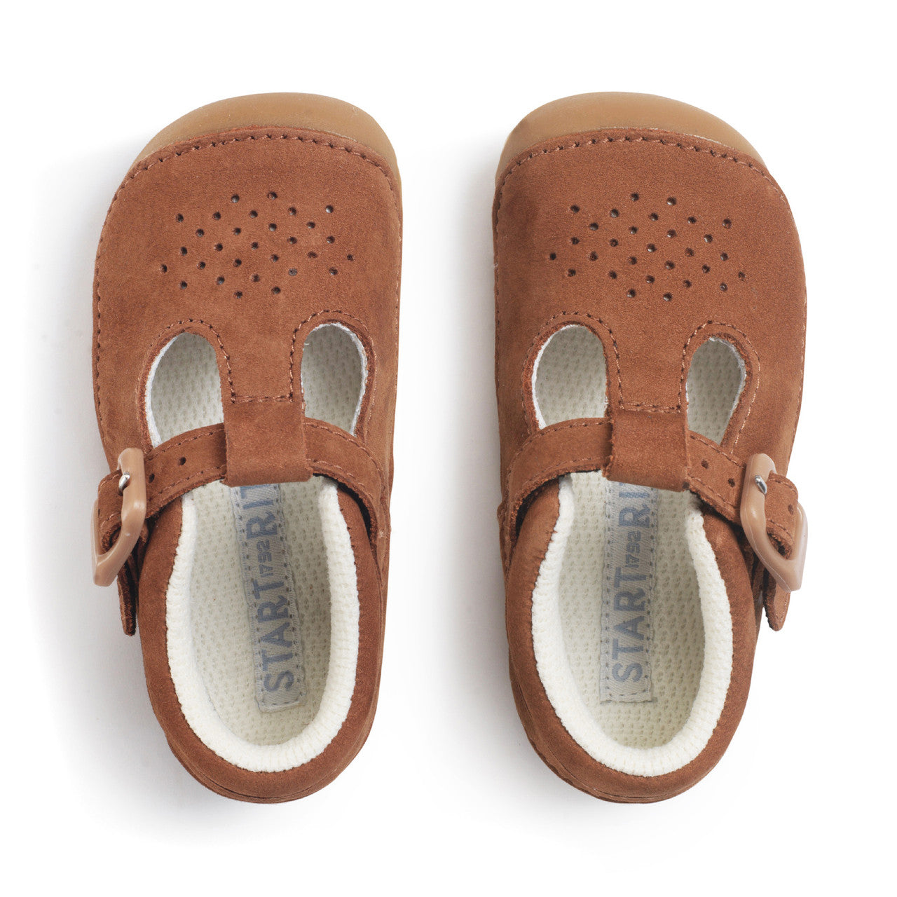 A boys/unisex T-bar pre walker by Start Rite, style Baby Jack ,in  tan with buckle fastening. Above view of a pair.