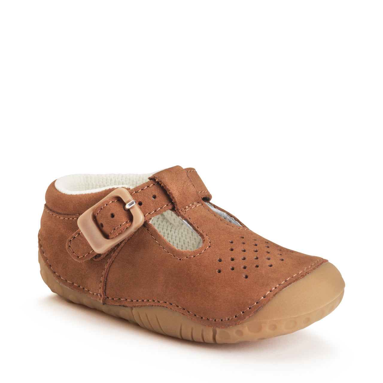 A boys/unisex T-bar pre walker by Start Rite, style Baby Jack ,in  tan with buckle fastening. Angled right side view.
