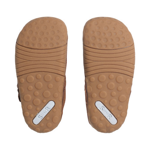 A boys/unisex T-bar pre walker by Start Rite, style Baby Jack ,in  tan with buckle fastening. View of soles of a pair.