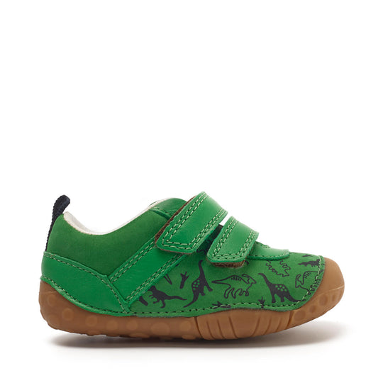 A boys pre walker by Start-Rite, style Roar, in green nubuck with navy dinosaur print and velcro fastening. Right side view.