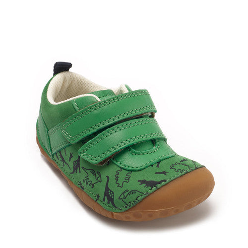 A boys pre walker by Start-Rite, style Roar, in green nubuck with navy dinosaur print and velcro fastening. Angled view.
