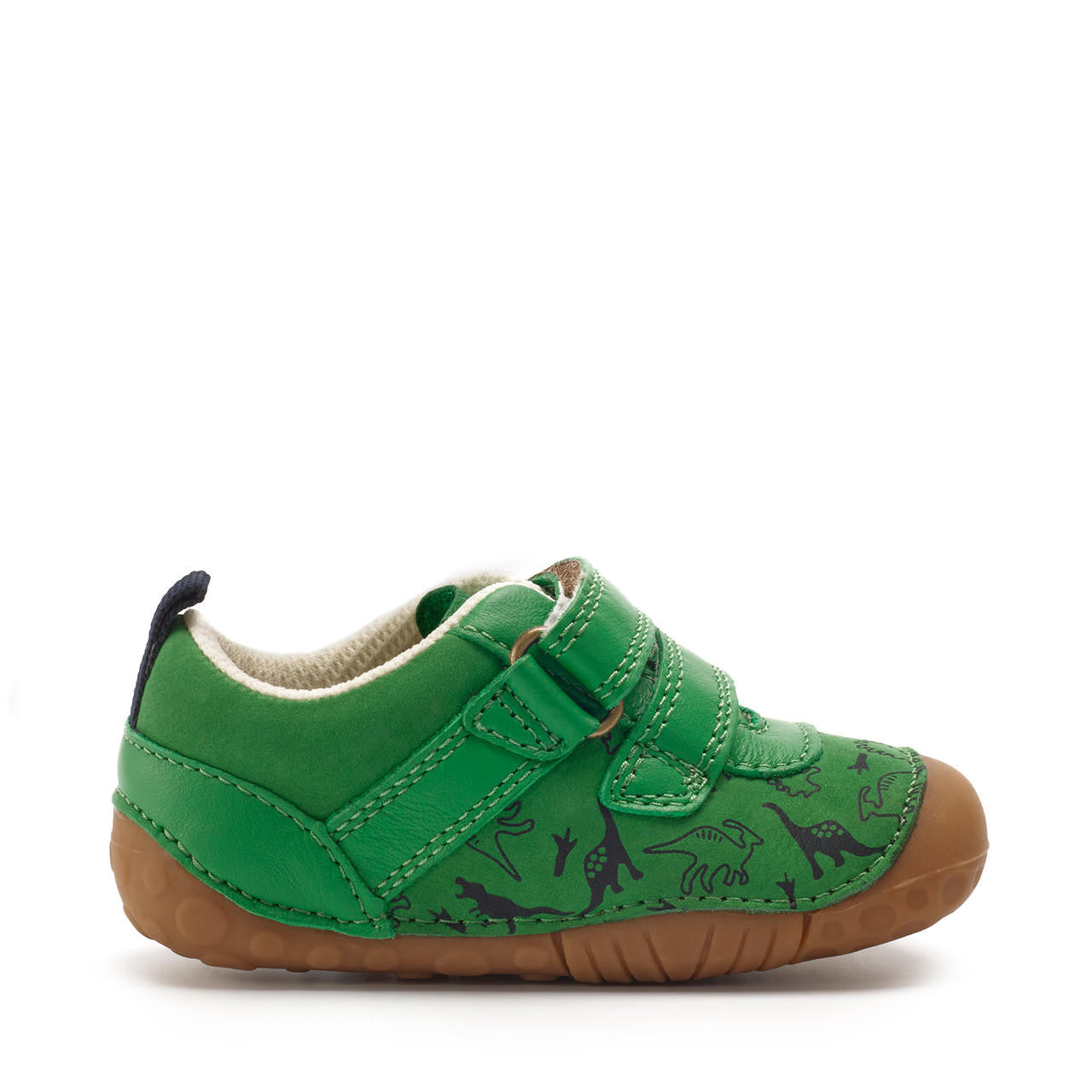 A boys pre walker by Start-Rite, style Roar, in green nubuck with navy dinosaur print and velcro fastening. Left side view.