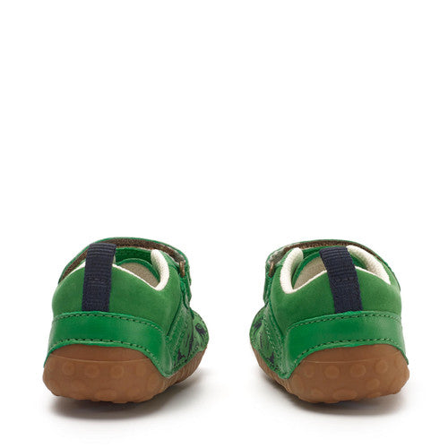 A pair of boys pre walkers by Start-Rite, style Roar, in green nubuck with navy dinosaur print and velcro fastening. View of back of shoes.