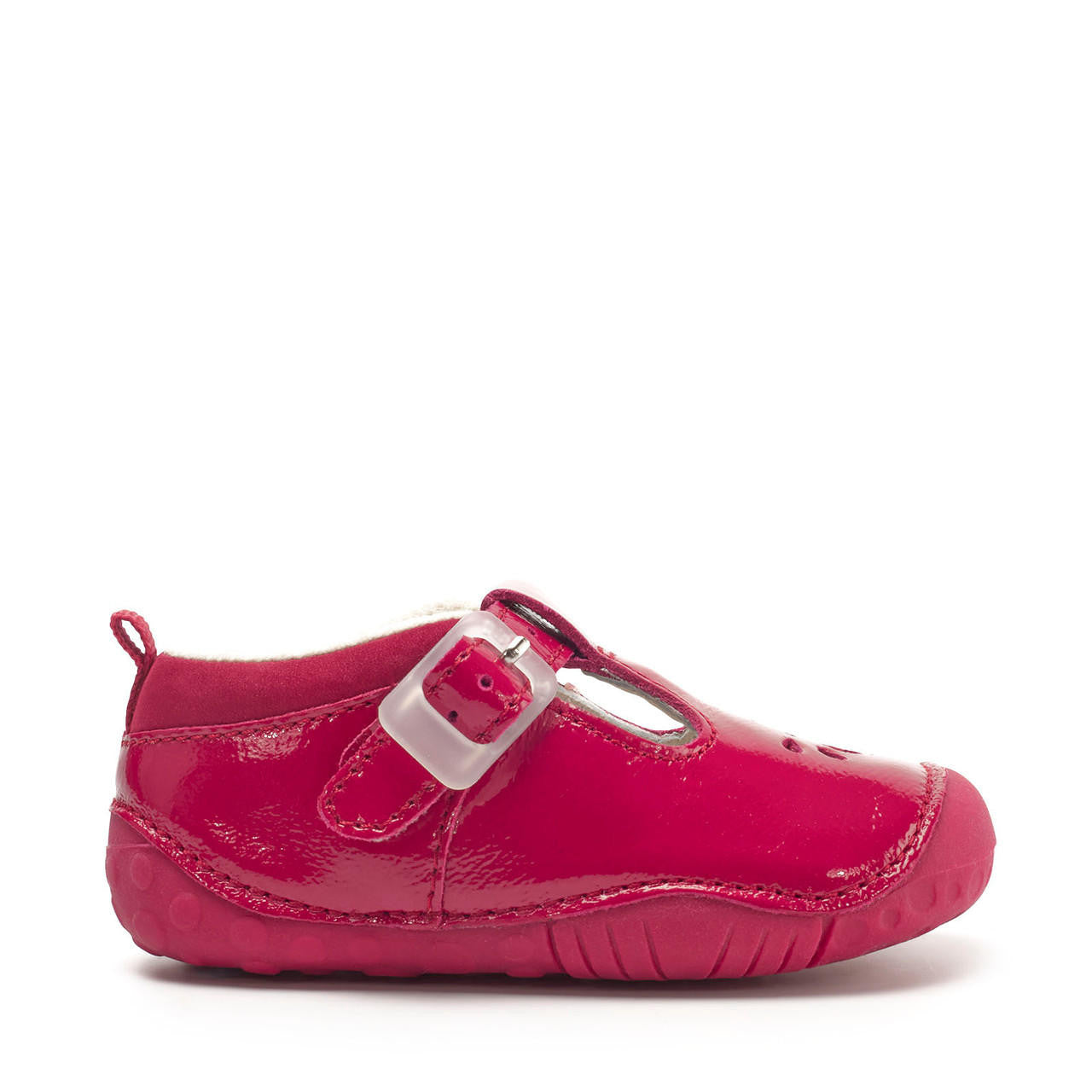 A girls T-Bar pre-walker by Start-Rite, style Baby Bubble, in red patent leather with silver punch out detail and toe bumper. Buckle fastening. Right side view.