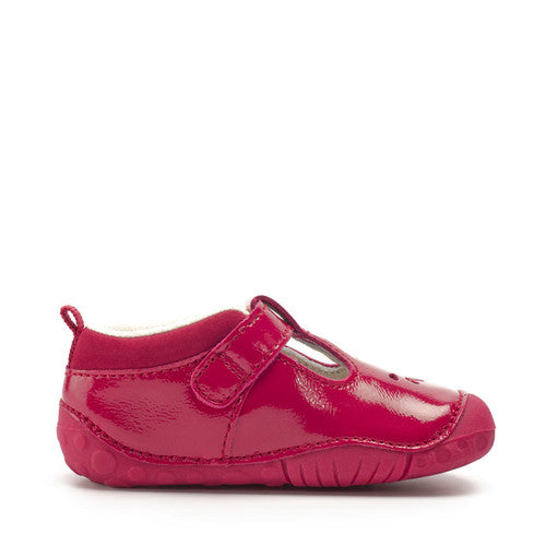 A girls T-Bar pre-walker by Start-Rite, style Baby Bubble, in red patent leather with silver punch out detail and toe bumper. Buckle fastening. Left side view.