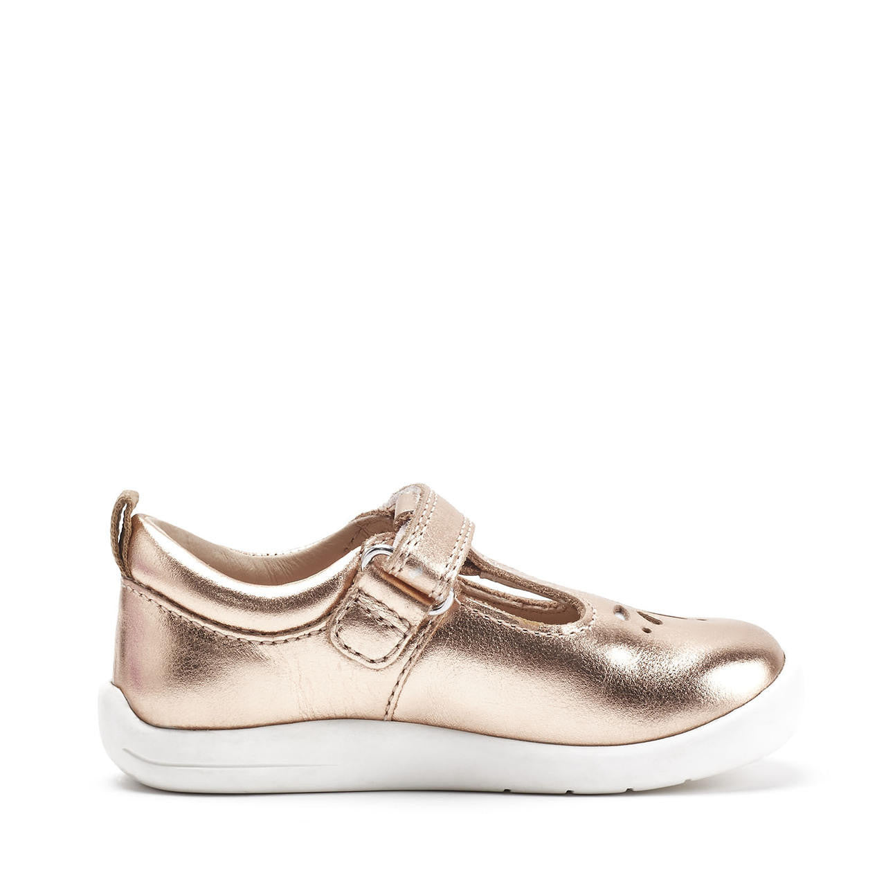 A girls T-Bar shoe by Start- Rite, style Puzzle, in Rose Gold leather with Velcro fastening.. Left side view.