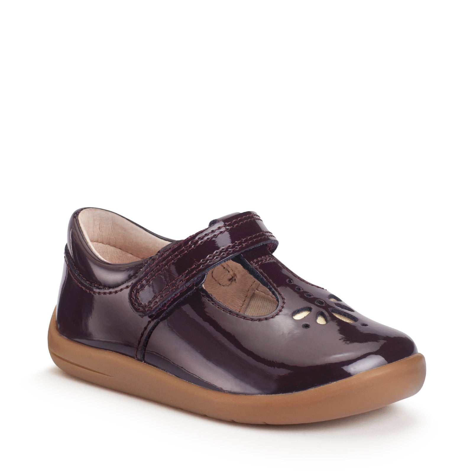 A girls shoe by Start-Rite, stye Puzzle, in burgundy with heel and toe bumpers and t bar with velcro strap. Front view