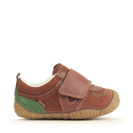 A boy's pre-walker by Start-Rite,style Shuffle, in tan and green nubuck/leather. Velcro fastening. Right side view.
