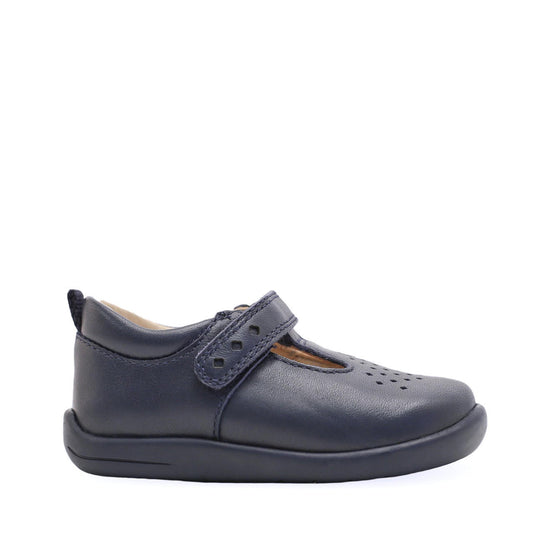 A unisex T-Bar shoe by Start-Rite, style Jigsaw, in navy leather with punch out detail. Right side view.