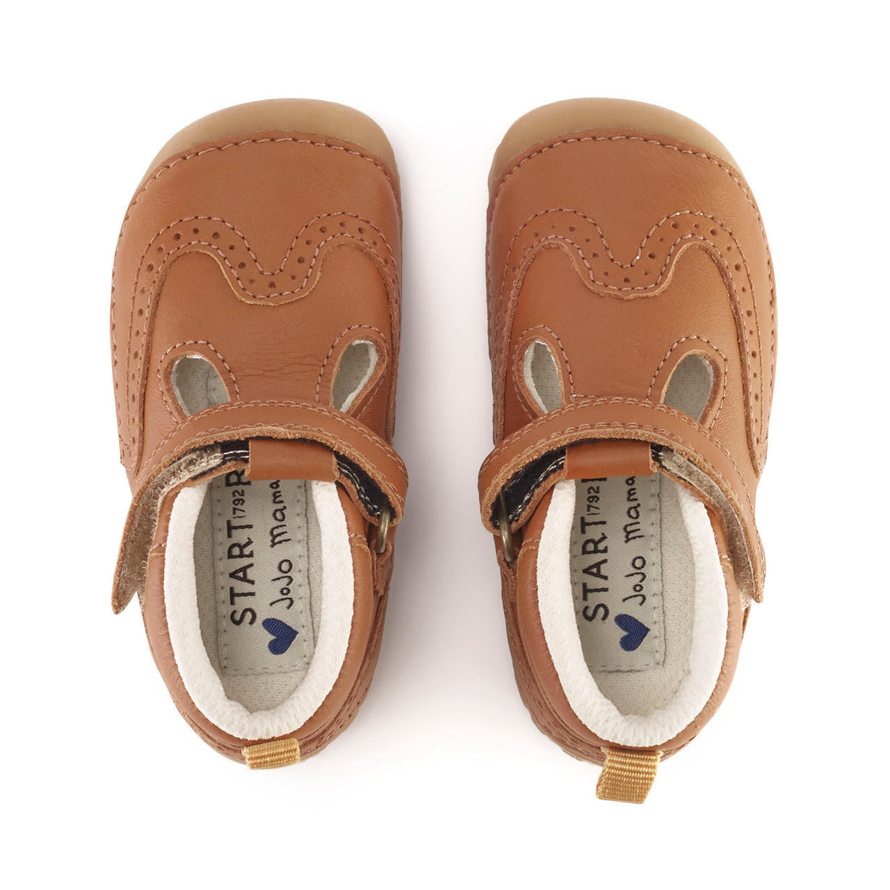 A pair of boys T-Bar pre-walkers by Start-Rite + JoJo Maman Bebe, style Share,in tan leather with brogue detail and toe bumper. Velcro fastening. Right side view.