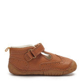 A boys T-Bar pre-walker by Start-Rite + JoJo Maman Bebe, style Share,in tan leather with brogue detail and toe bumper. Velcro fastening. Left side view.