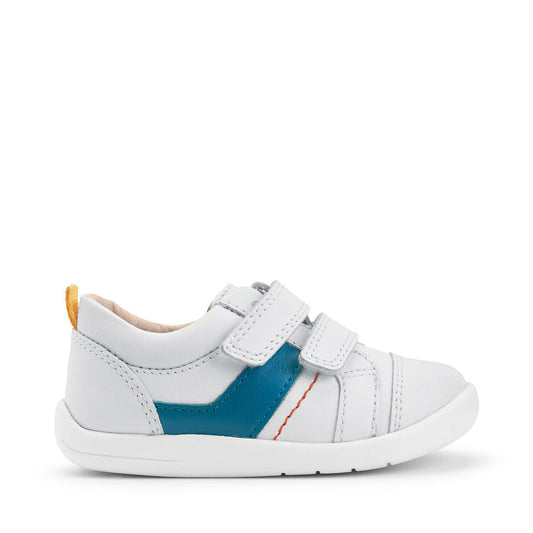 A boy's casual shoe by Start-Rite, style Maze, in white and blue leather with yellow trim and orange stitching. Double velcro fastening .Right side view.