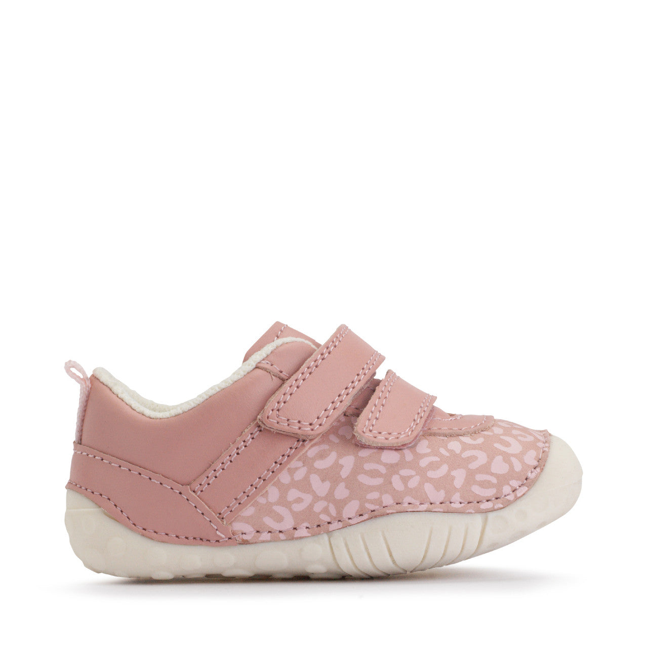 A girl's pre-walker shoe by StartRite, style Little Smile, in pink and pink leopard print with double Velcro fastening. Right side view.