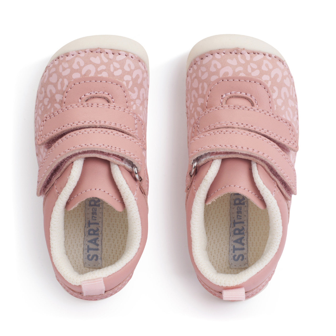 A girl's pre-walker shoe by StartRite, style Little Smile, in pink and pink leopard print with double Velcro fastening. View of a pair from above.