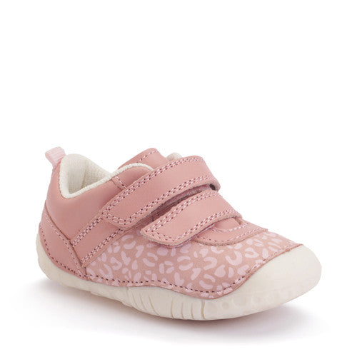 A girl's pre-walker shoe by StartRite, style Little Smile, in pink and pink leopard print with double Velcro fastening. Angled right side view.