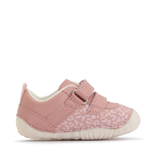 A girl's pre-walker shoe by StartRite, style Little Smile, in pink and pink leopard print with double Velcro fastening. Left side view.