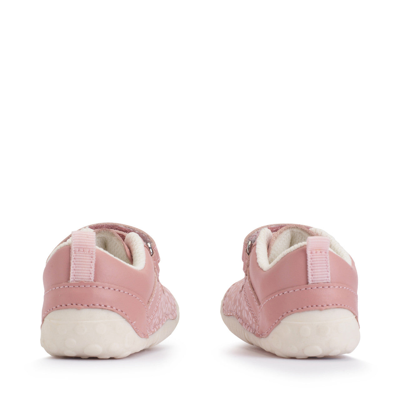 A girl's pre-walker shoe by StartRite, style Little Smile, in pink and pink leopard print with double Velcro fastening. Back view of pair.