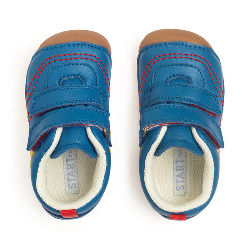 A pair of boys pre-walkerd by Start-Rite, style Little Smile. In blue leather multi with double velcro fastening and toe bumper. Above view.