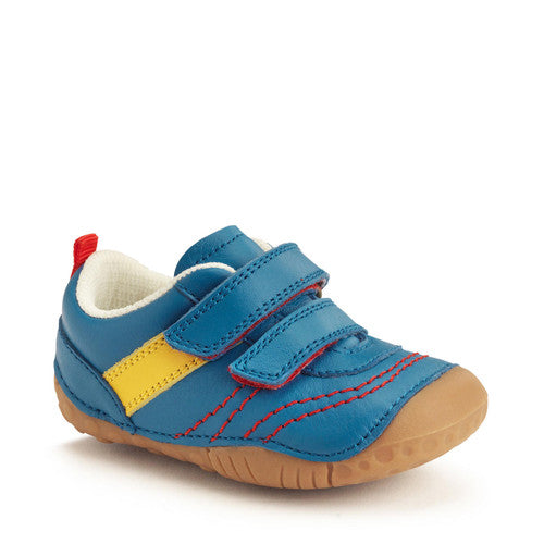 A boys pre-walker by Start-Rite, style Little Smile. In blue leather multi with double velcro fastening and toe bumper. Angled view.